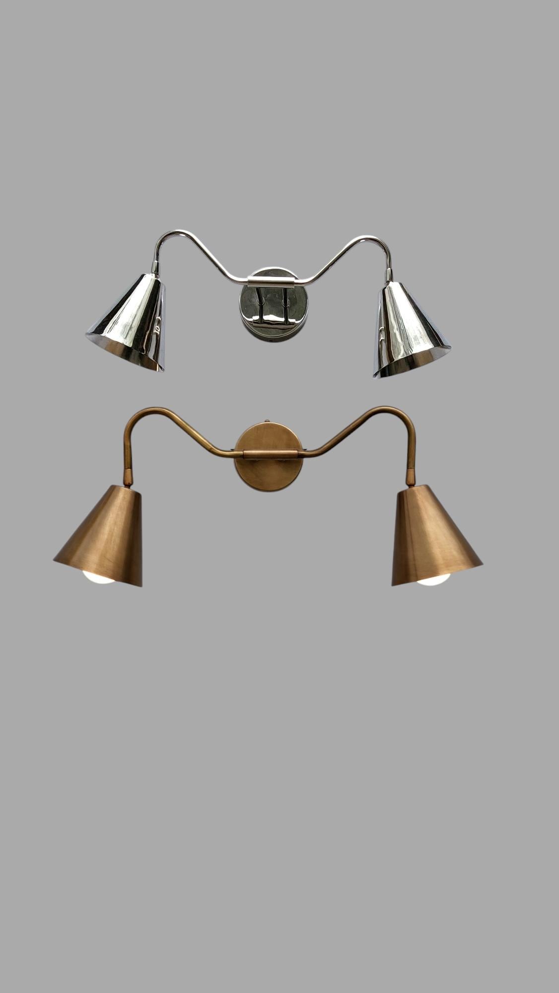 Handmade Brass Wall Sconce: Chrome Finish, Dual Cone Shade