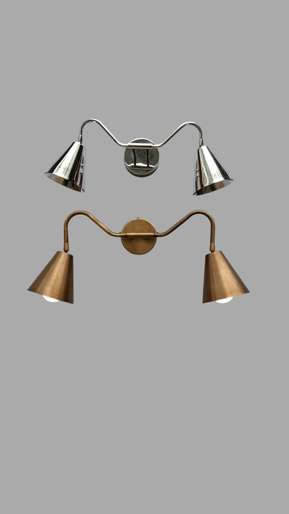 Handmade Brass Wall Sconce: Chrome Finish, Dual Cone Shade