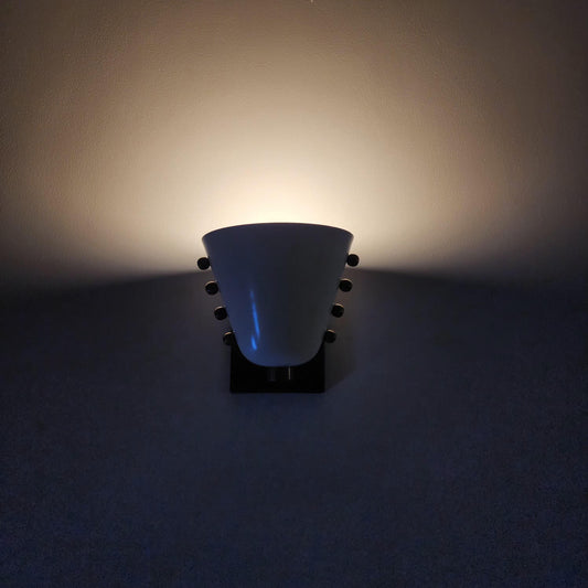 Mid-Century brass wall sconce- Bold cone design with Dove White lampshade