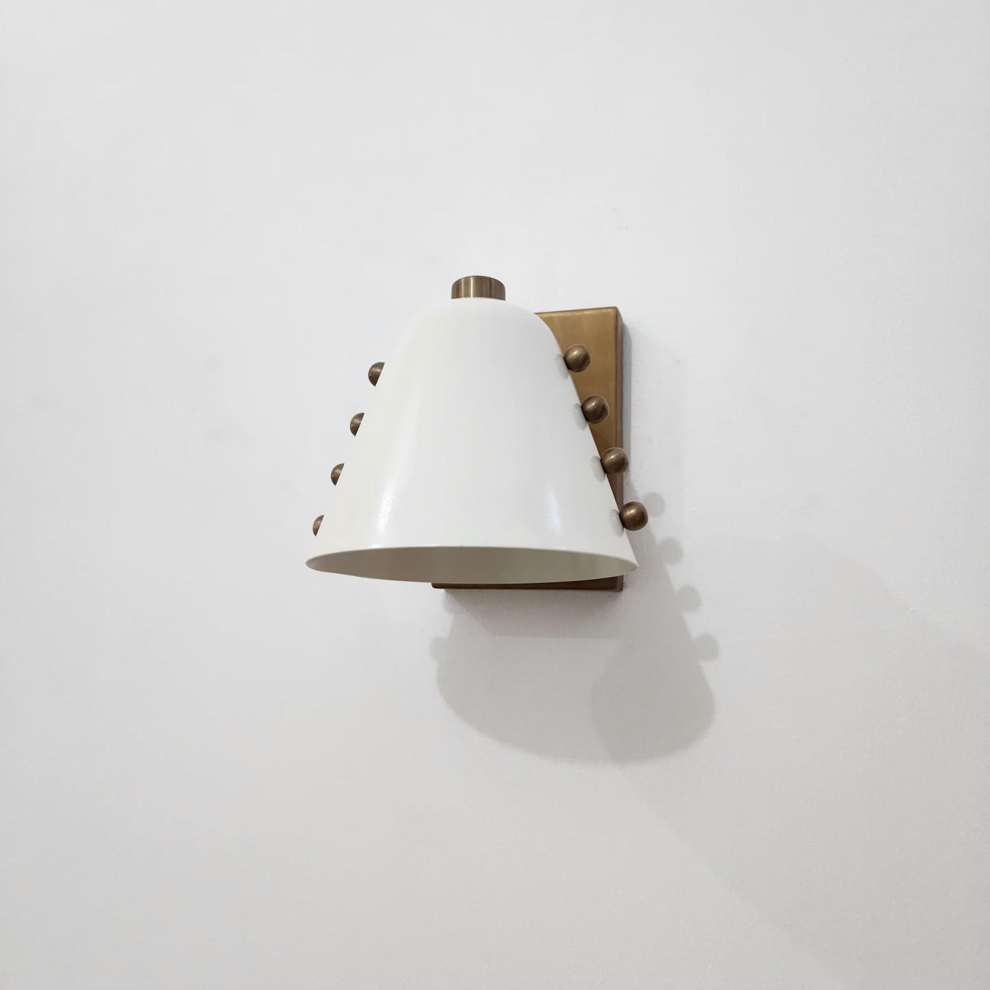Mid-Century brass wall sconce- Bold cone design with Dove White lampshade