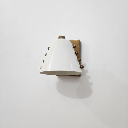 Mid-Century brass wall sconce- Bold cone design with Dove White lampshade