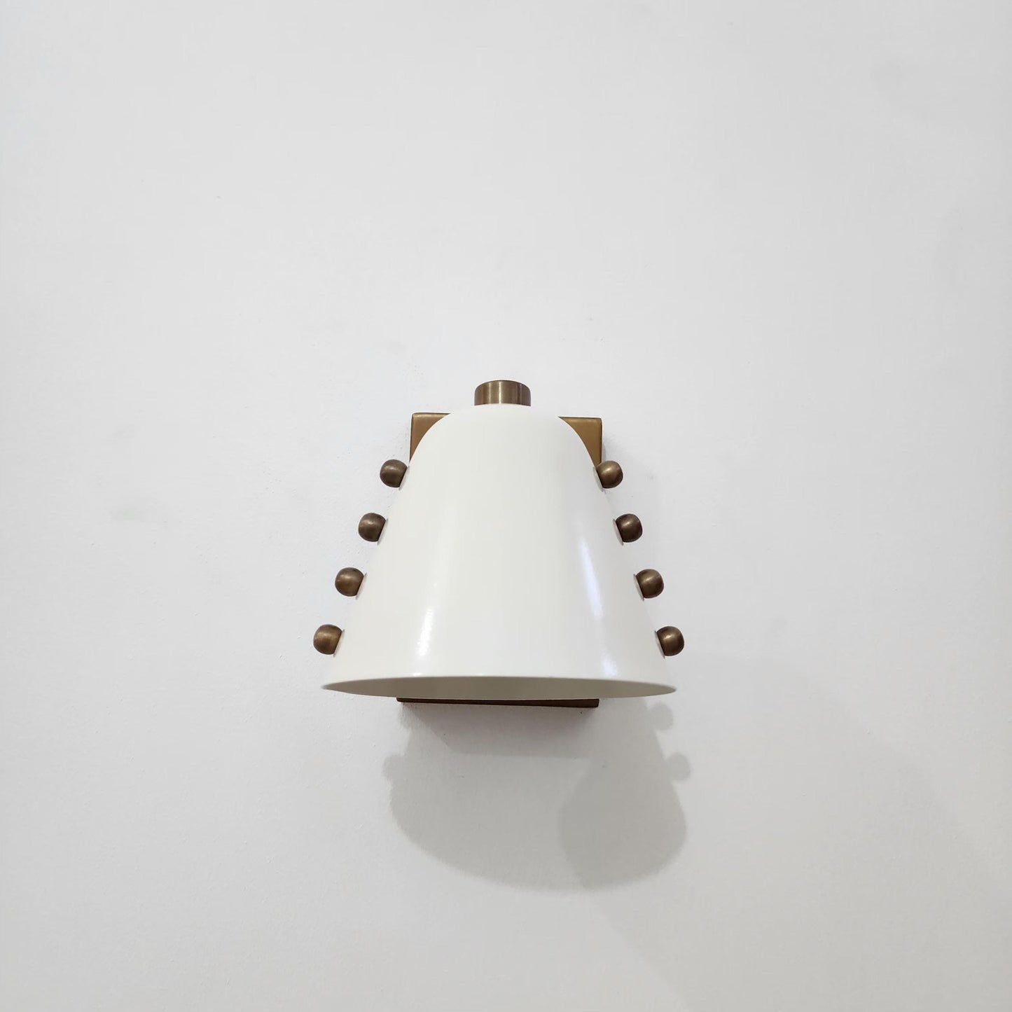 Mid-Century brass wall sconce- Bold cone design with Dove White lampshade