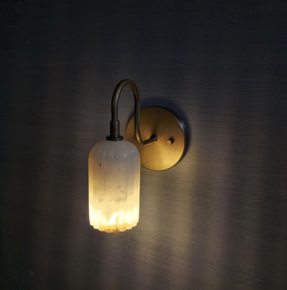 Hand-Carved Alabaster Wall Sconce: Brass Accent Light, Ethereal Stone Lighting