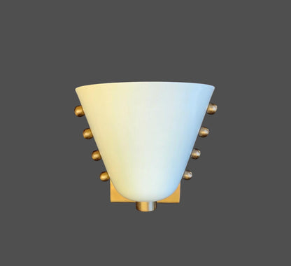 Mid-Century brass wall sconce- Bold cone design with Dove White lampshade