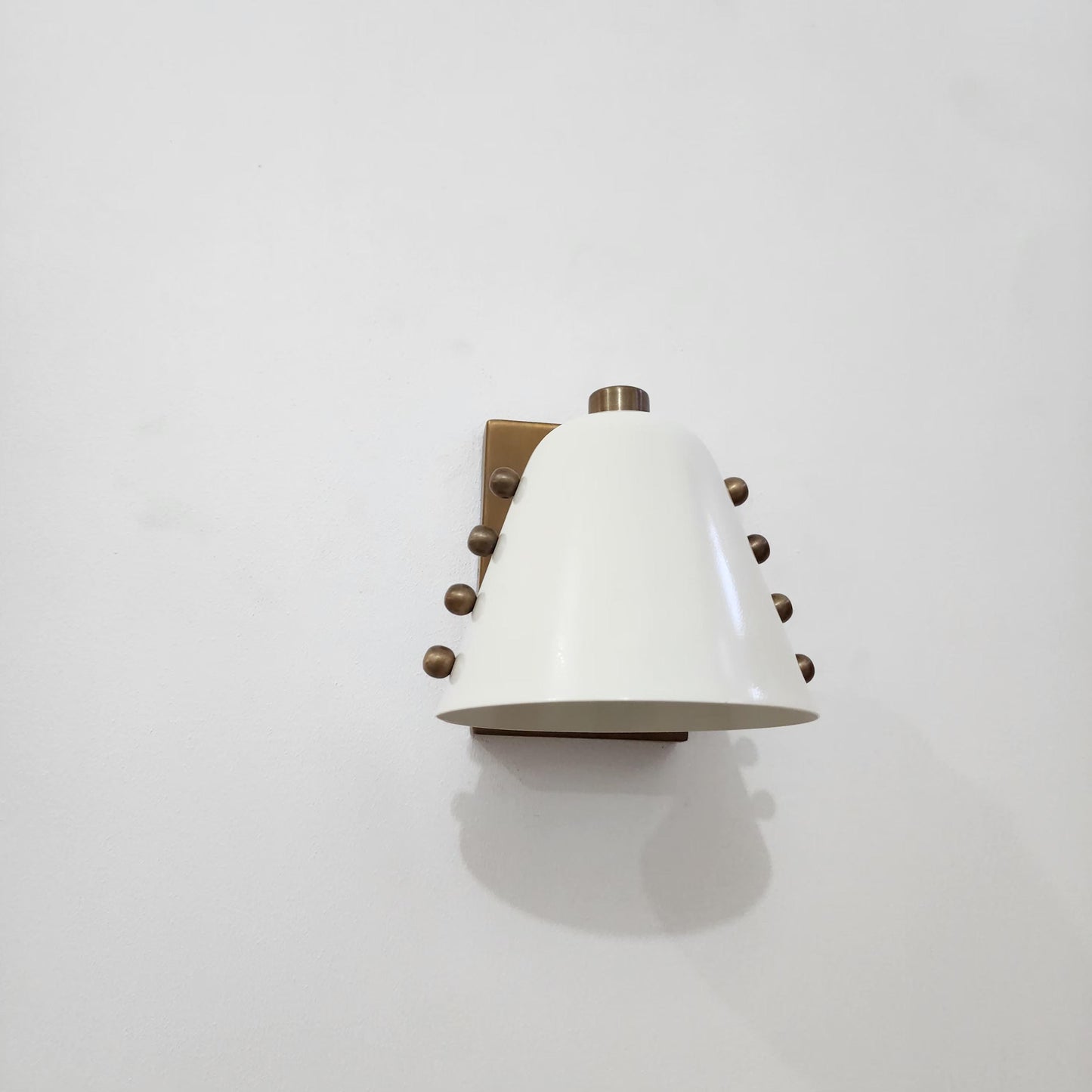 Mid-Century brass wall sconce- Bold cone design with Dove White lampshade