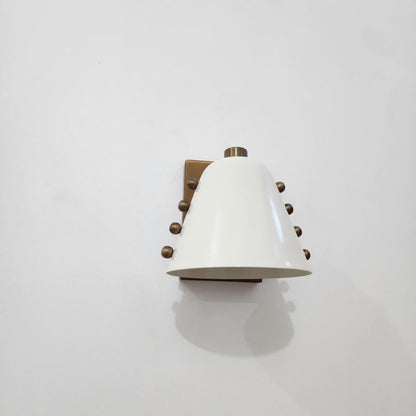 Mid-Century brass wall sconce- Bold cone design with Dove White lampshade