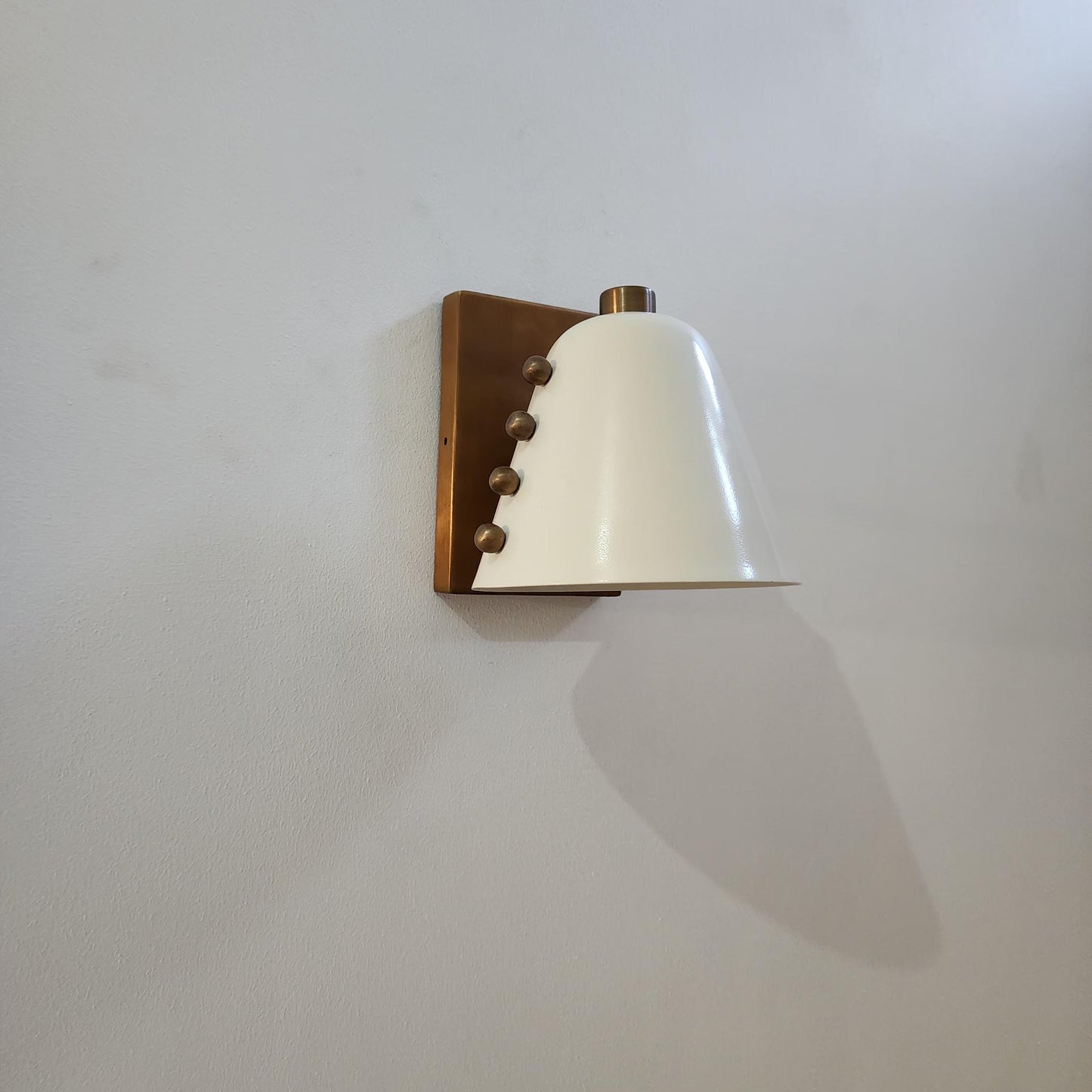 Mid-Century brass wall sconce- Bold cone design with Dove White lampshade