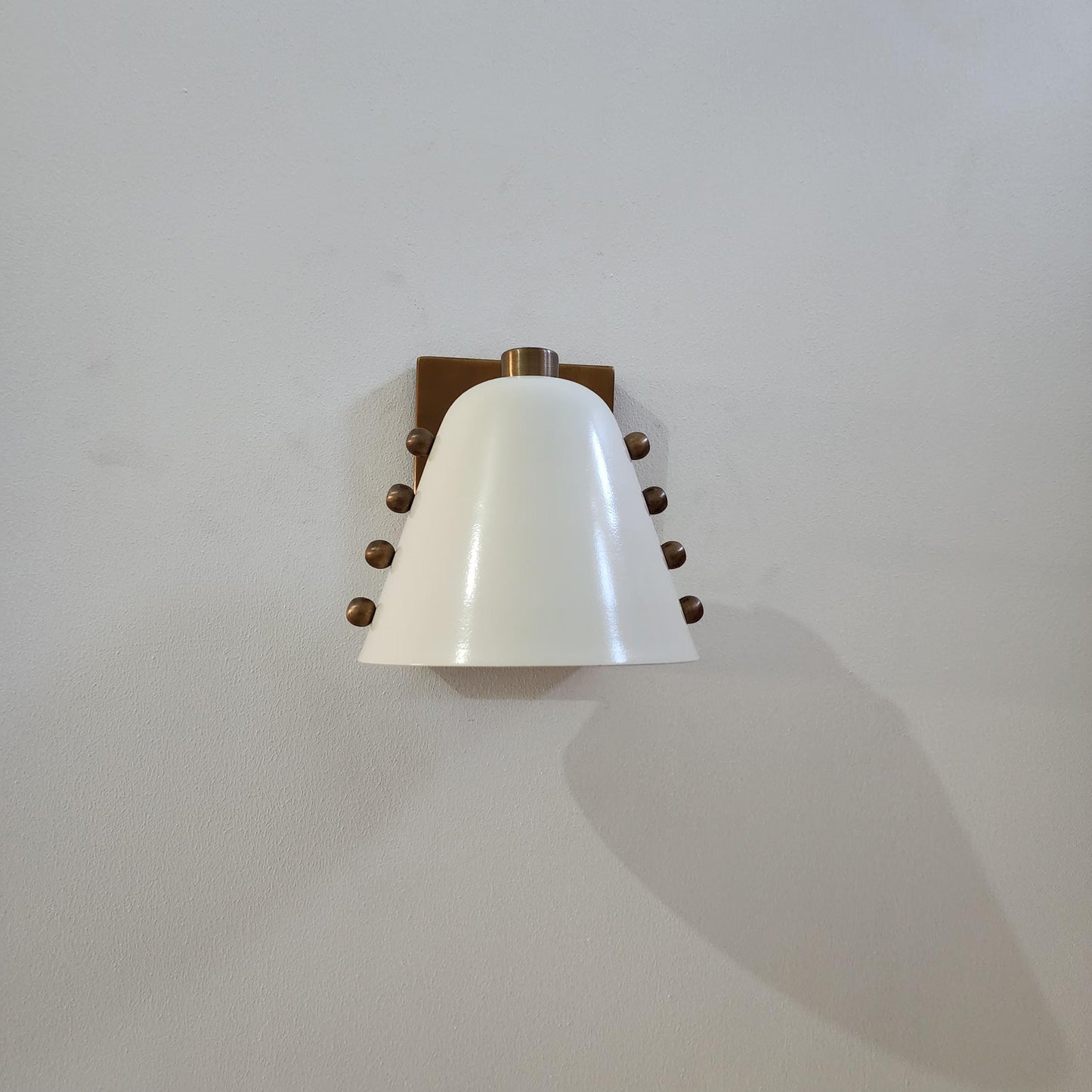 Mid-Century brass wall sconce- Bold cone design with Dove White lampshade