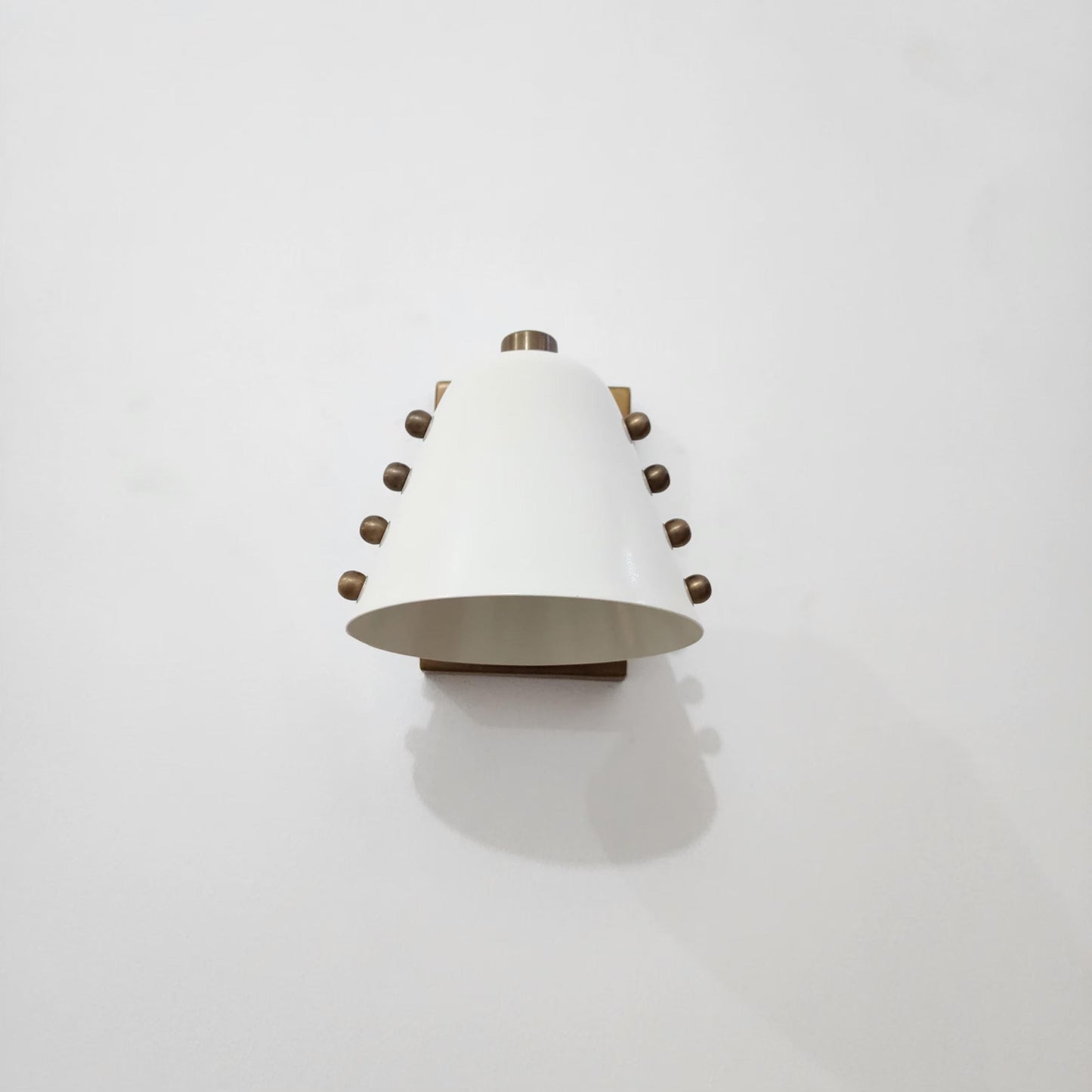 Mid-Century brass wall sconce- Bold cone design with Dove White lampshade